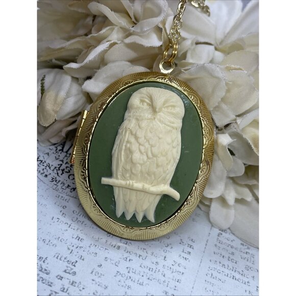 Ylw Gold Photo Locket Necklace Birthday Gift Green Owl Barn Tree Hoot Fall Mom - Picture 2 of 10